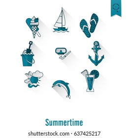 Summer and Beach Simple Flat Icons, Travel and Vacation. Vector