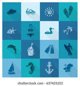 Summer and Beach Simple Flat Icons, Travel and Vacation. Vector