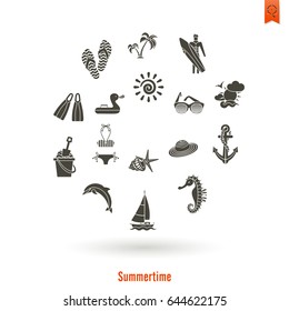 Summer and Beach Simple Flat Icons, Travel and Vacation. Vector