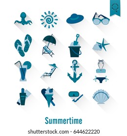 Summer and Beach Simple Flat Icons, Travel and Vacation. Vector