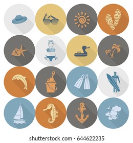 Summer and Beach Simple Flat Icons, Travel and Vacation. Vector