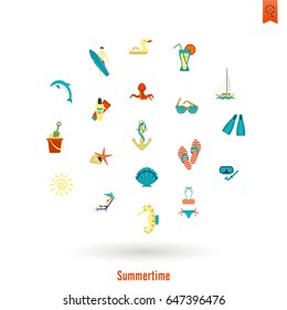 Summer and Beach Simple Flat Icons, Travel and Vacation. Vector