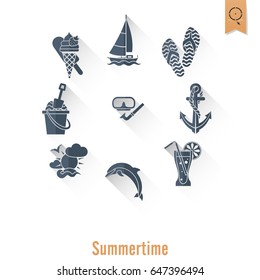 Summer and Beach Simple Flat Icons, Travel and Vacation. Vector