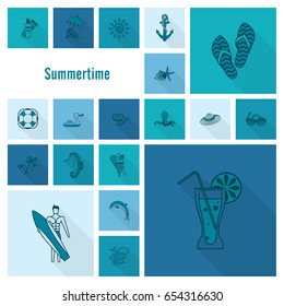 Summer and Beach Simple Flat Icons, Travel and Vacation. Vector