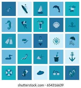 Summer and Beach Simple Flat Icons, Travel and Vacation. Vector