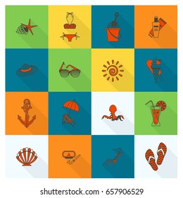 Summer and Beach Simple Flat Icons, Travel and Vacation. Vector