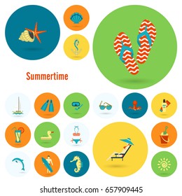 Summer and Beach Simple Flat Icons, Travel and Vacation. Vector