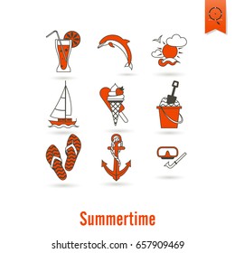 Summer and Beach Simple Flat Icons, Travel and Vacation. Vector