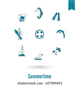 Summer and Beach Simple Flat Icons, Travel and Vacation. Vector