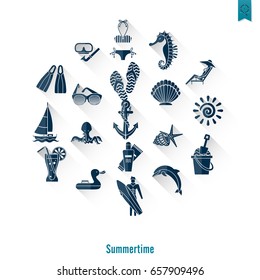 Summer and Beach Simple Flat Icons, Travel and Vacation. Vector