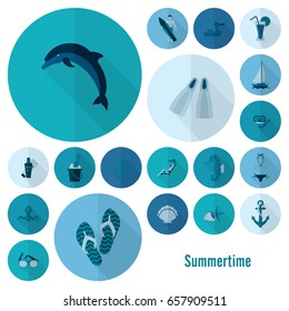 Summer and Beach Simple Flat Icons, Travel and Vacation. Vector