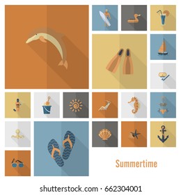 Summer and Beach Simple Flat Icons, Travel and Vacation. Vector