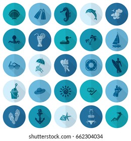 Summer and Beach Simple Flat Icons, Travel and Vacation. Vector