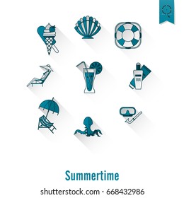 Summer and Beach Simple Flat Icons, Travel and Vacation. Vector