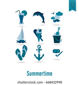 Summer and Beach Simple Flat Icons, Travel and Vacation. Vector