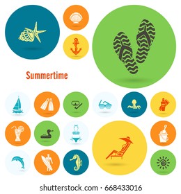 Summer and Beach Simple Flat Icons, Travel and Vacation. Vector