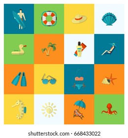 Summer and Beach Simple Flat Icons, Travel and Vacation. Vector