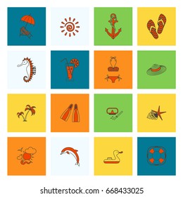 Summer and Beach Simple Flat Icons, Travel and Vacation. Vector