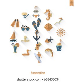 Summer and Beach Simple Flat Icons, Travel and Vacation. Vector