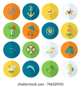 Summer and Beach Simple Flat Icons, Travel and Vacation. Vector