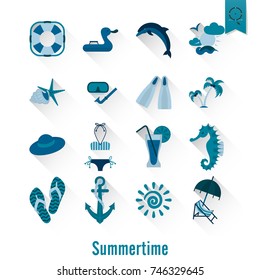 Summer and Beach Simple Flat Icons, Travel and Vacation. Vector
