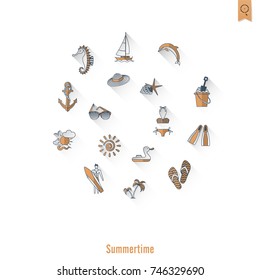 Summer and Beach Simple Flat Icons, Travel and Vacation. Vector