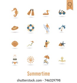 Summer and Beach Simple Flat Icons, Travel and Vacation. Vector