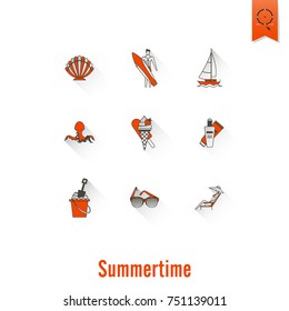 Summer and Beach Simple Flat Icons, Travel and Vacation. Vector