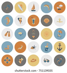 Summer and Beach Simple Flat Icons, Travel and Vacation. Vector