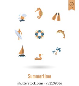 Summer and Beach Simple Flat Icons, Travel and Vacation. Vector