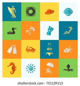 Summer and Beach Simple Flat Icons, Travel and Vacation. Vector