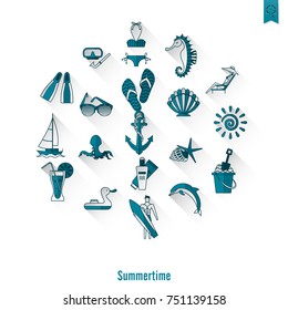 Summer and Beach Simple Flat Icons, Travel and Vacation. Vector