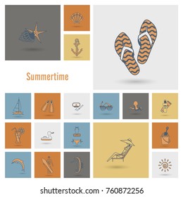 Summer and Beach Simple Flat Icons, Travel and Vacation. Vector