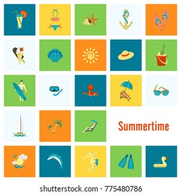 Summer and Beach Simple Flat Icons, Travel and Vacation. Vector