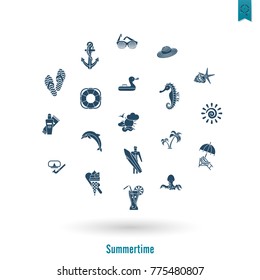 Summer and Beach Simple Flat Icons, Travel and Vacation. Vector