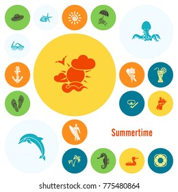 Summer and Beach Simple Flat Icons, Travel and Vacation. Vector