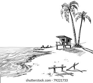 Summer Beach Sketch With Palm Trees And Lifeguard Stand