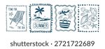 Summer beach sketch stamps set. Vector illustration of tropical island with palm tree, bag, hat, chaise lounge and seashells in blue wavy doodle frames, hand drawn vintage holiday postcard design