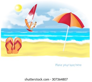 Summer beach with slippers and umbrella. Vector illustration