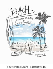 Summer Beach Slogan With Beach Surf Sandals Illustratiion