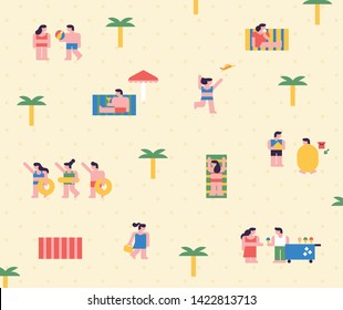 Summer beach with small people pattern. flat design style minimal vector illustration