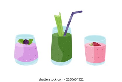 Summer beach smoothies cocktails with ice. Lilac with blackberries, green with spinach and celery, pink with strawberries. Vector illustration of refreshing drinks in glasses with tubes.