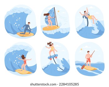 Deportes de verano en la playa. Personaje haciendo diferentes actividades acuáticas. Hombre y mujer haciendo surf, paseos en patinete, windsurf, flyboard y volar con JetLev. Ilustración vectorial plana