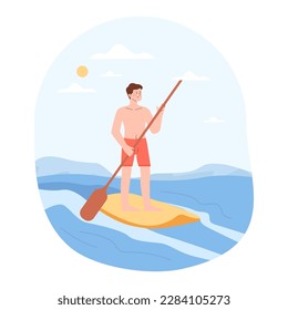 Summer beach sport. Character standing on paddle boards in sea or ocean waves. Man enjoying modern water sport - sup surfing. Summer activity and healthy lifestyle. Flat vector illustrations.