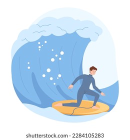 Summer beach sport. Character in a swim suit surfing in sea or ocean. Popular extreme recreation or activity. Flat vector illustration