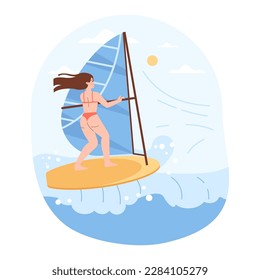 Summer beach sport. Female character in a swim suit windsurfing in sea or ocean. Woman riding a board with a sail. Flat vector illustration