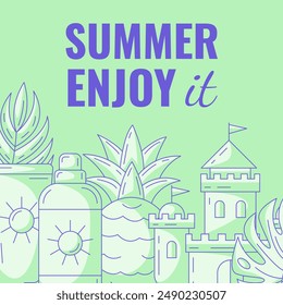 Tarjeta cuadrada de playa de verano con Elementos y accesorios de temporada monocromos brillantes y minimalistas. Protector solar, piña, castillo de arena, hoja tropical. Para postales, redes sociales, póster, Anuncio, invitación
