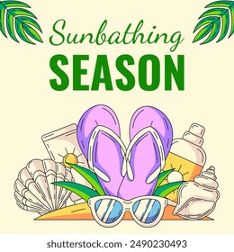 Summer beach square card with seasonal colorful elements in sand. Flip flops, sunscreen, sunglasses, seashell. Sunbathing season. For postcard, social media, poster, banner, invitation or flyer.