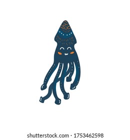 Summer, Beach, squid, octopus, doodle isolated on a white background. Hand draw cartoon Scandinavian nordic design style for fashion or interior or cover or textile or background.