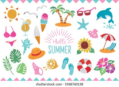 Summer, beach, stamp style illustration material set